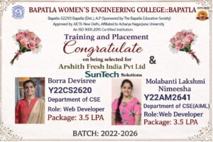 Students of Bapatla Women’s Engineering College Secure Placements(CSE& CS-AIML)